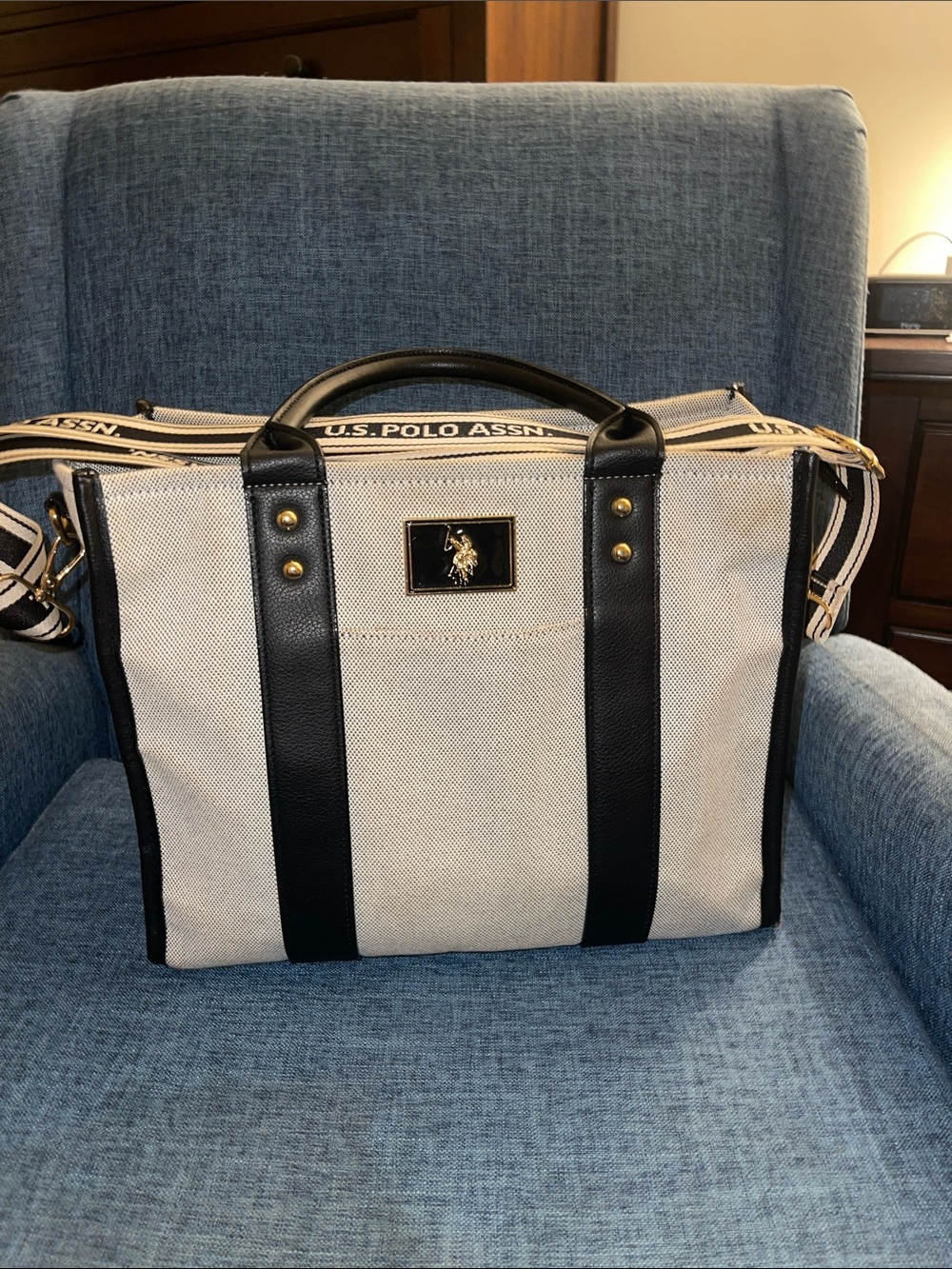 U.S. Polo Assn. Beige and Black Canvas Laptop Tote